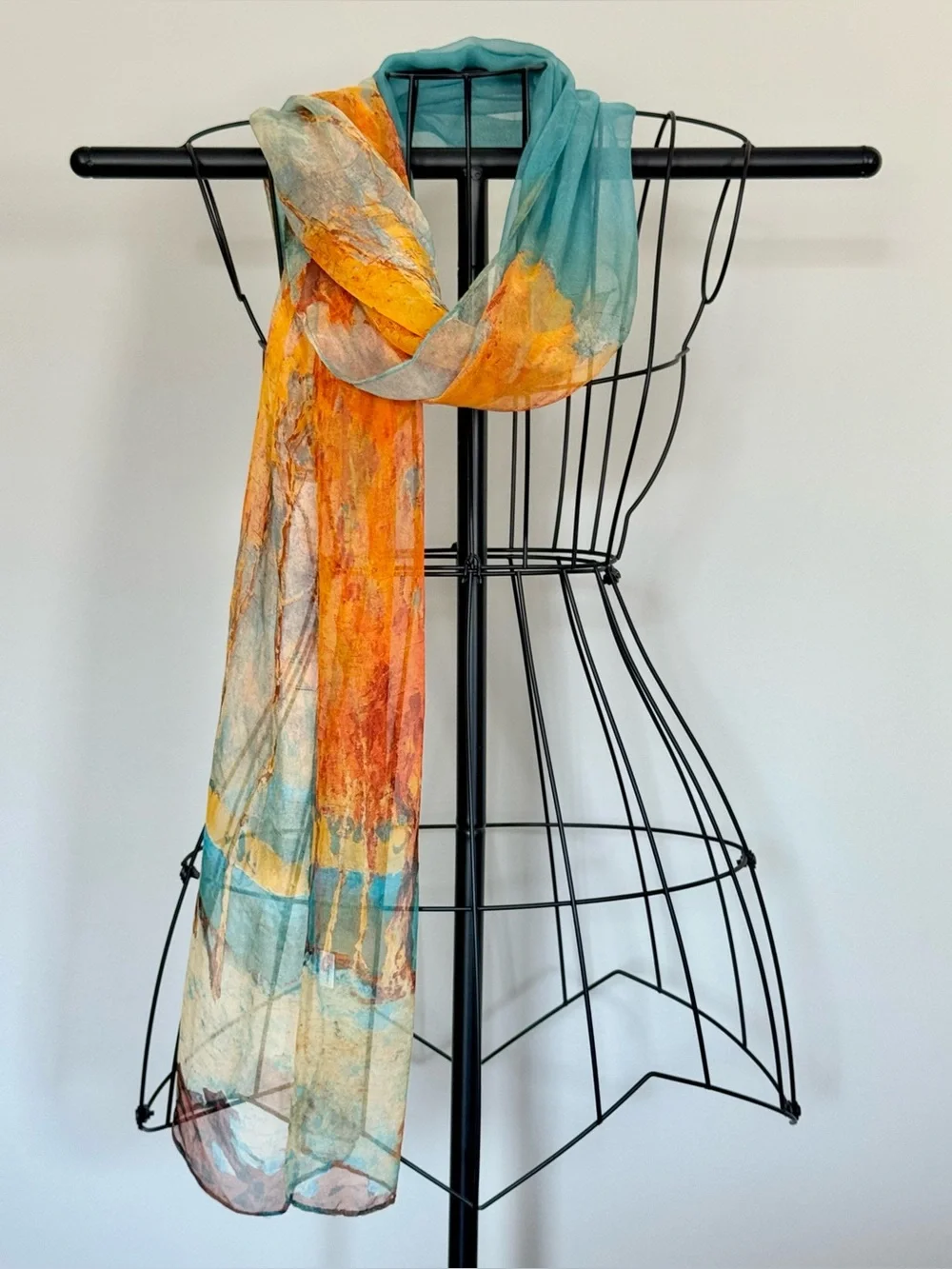 New Orange & Aqua Abstract Fall Autumn Trees Airy Lightweight Scarf 62”x19”